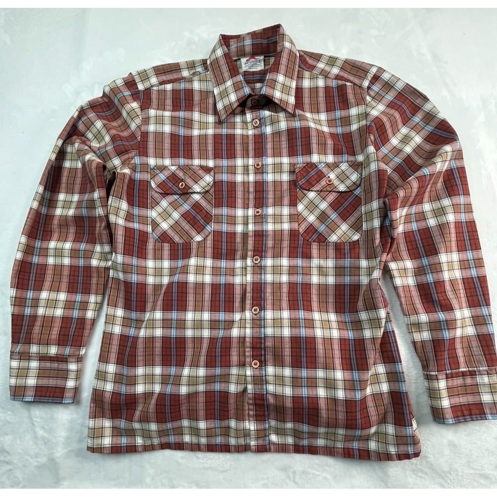 VTG Saturdays in California Mens L‎ Shirt Button Front Plaid Brown